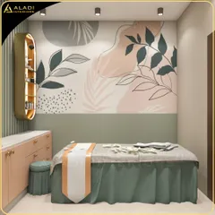This treatment room concept features a custom wall mural with botanical motifs and a two-tone color scheme, creating a space that feels both artistic and calming.