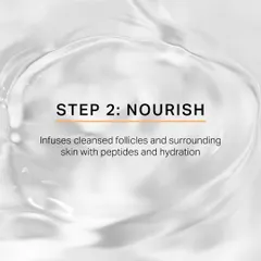Step 2 is to Nourish. After cleansing, I infuse the follicles and surrounding skin with a blend of peptides and hydrating factors to promote a healthy scalp environment.