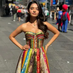 A closer look at the multi-hued corset dress made from upcycled Banarasi sarees. This sustainable fashion project was a highlight, showcasing how traditional Indian textiles can be transformed into contemporary couture.