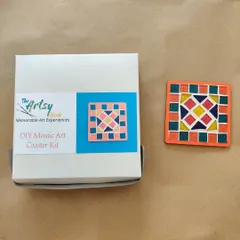 From a box to a beautiful, functional piece of art! This image shows my DIY mosaic coaster kit next to the vibrant finished product. It's a project kids can be proud of.