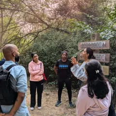 Participants listen intently during a guided forest therapy walk. These moments of shared learning and observation are key to the Shinrin-Yoku practice.