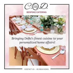 We bring our fine dining experience to your home. This image shows an elegant table setting for a personalized home affair, complete with gold charger plates, fresh flowers, and premium cutlery.
