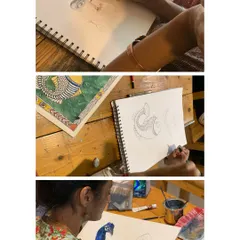 A collage showing the creative process behind different artworks, including the delicate line work of a Kalamkari fish.
