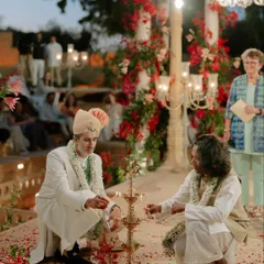 A sacred moment from the ceremony as Kahran and Gourav light the ceremonial lamp together. We worked with them to create a custom ceremony that was deeply meaningful to them, blending tradition with their personal journey.