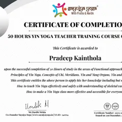 A certificate for our 50-hour Yin Yoga Teacher Training Course. Our graduates are trained in the principles of Yin, Chi, meridians, and how to teach this practice safely and effectively.