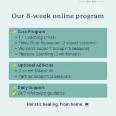 Our 8-week online program is a holistic plan for healing from home. It combines 1:1 coaching, pelvic floor relaxation sessions, group support, and pleasure coaching, with daily guidance available right on WhatsApp.