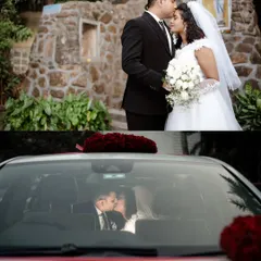 A collage showing a tender moment outside the church and a romantic kiss in the wedding car. These are the quiet, stolen moments that make a wedding day special.