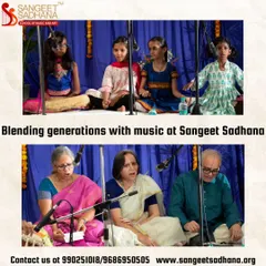 Music is a bridge that connects generations. Here, you see our youngest students and our senior learners sharing the stage at a recent concert. At Sangeet Sadhana, we welcome anyone with a genuine love for music, creating a space where all ages can learn and grow together.