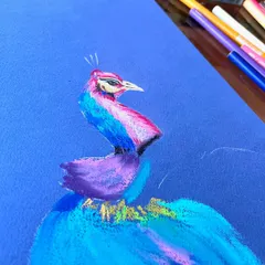 The beginning stages of the soft pastel peacock. I start by blocking in the main colors and shapes, focusing on the graceful curve of the neck and head.