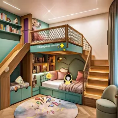 This ultimate kids' fun room features a custom bunk bed with a slide and a cozy reading nook underneath. The design combines playfulness with practicality, including built-in bookshelves and integrated lighting.