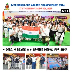 We are immensely proud to represent India on the world stage. This is our team at the 24th FSKA World Cup Karate Championship 2024 in Goa, celebrating a significant medal haul against competitors from over 25 countries.