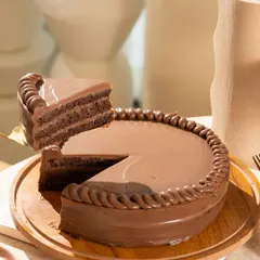 The perfect slice being lifted from a classic, glossy chocolate cake. This shot is all about the clean lines and the promise of a rich, moist dessert.