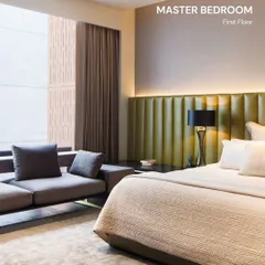 A bedroom should be a personal retreat. In this master bedroom, we used a soft, olive green upholstered headboard and layered textiles to create a space that feels both restful and sophisticated. The design prioritizes comfort and tranquility, with thoughtful lighting and textures that invite you to unwind.