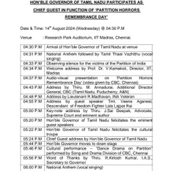 The official schedule for the 'Partition Horrors Remembrance Day' event at IIT Madras. I was invited to deliver the keynote address, speaking on the historical lessons of Partition and their relevance to the present.