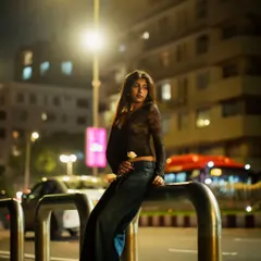 Using the streetlights to create a warm glow, this portrait has a classic, film-like quality. It's a great example of a moody night portrait for a model's portfolio.