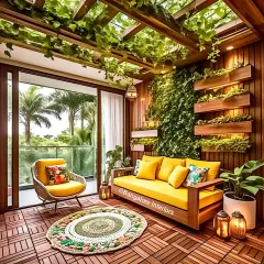 We transformed this balcony into a lush, tropical-inspired outdoor lounge. The design includes a comfortable sofa and armchair set, a vertical garden wall, and a slatted wood ceiling, creating a private, green oasis perfect for relaxation.