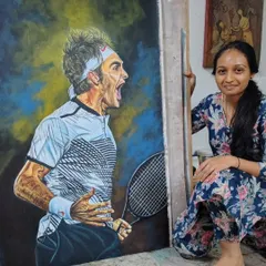 Another photo with the completed Roger Federer portrait. This large canvas is meant to be a powerful statement piece for any fan of tennis and the sporting spirit.