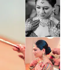 A collage of the bride's getting-ready moments, focusing on her jewelry. These detail shots in both color and black and white highlight the intricate craftsmanship of her necklace and earrings.
