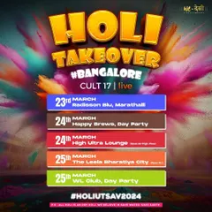 The 'Holi Takeover' schedule for Bangalore. We execute a city-wide celebration with five events over three days at different venues, including day parties, open-air festivals, and rooftop sessions.