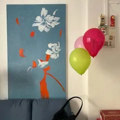 A quiet moment at home, with one of my finished canvases and some celebratory balloons. My art is a part of my life, and my life is a part of my art.