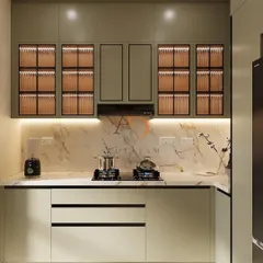 A kitchen is the heart of the home, and I design them to be both beautiful and highly functional. This modular kitchen features sleek, dual-tone cabinetry with fluted glass, under-cabinet lighting for ambiance, and a stunning marble backsplash, proving that practicality can be elegant.
