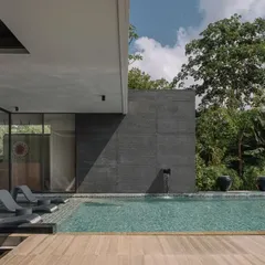 The clean, modern lines of the home's architecture contrast with the lush, organic forms of the surrounding landscape. The pool deck is designed for lounging and enjoying the connection to nature.