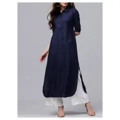 A well-stitched shirt-collar kurti is a wardrobe essential. This navy blue piece is tailored for a clean, professional look, paired with comfortable white palazzo pants. I focus on creating sharp lines and a perfect fit for your everyday and office wear.