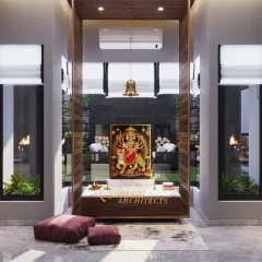 A modern pooja space that blends tradition with contemporary elegance. The open design, with a view to the outdoors, creates a serene and peaceful ambiance for prayers.