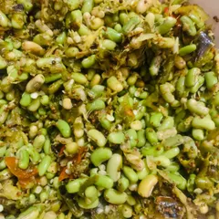 This is a green soya chutney made with roasted green chilli, ginger, garlic, salt, and perilla seeds for a lovely aroma.