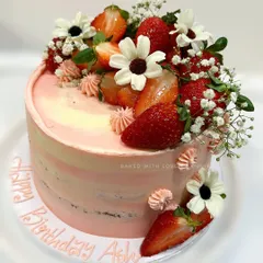 A custom Dark Chocolate Strawberry Cake I created for a special birthday. It features layers of moist chocolate sponge and creamy ganache, finished with soft pink vanilla buttercream and fresh strawberries.