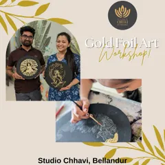 This poster for my Gold Foil Art Workshop features two happy students holding their finished Buddha and dancer designs. It’s a perfect example of the detailed and elegant artwork you can create, even as a beginner.