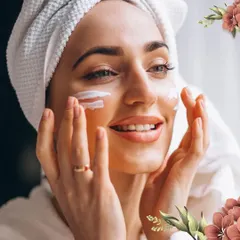 A trivia image showing a woman applying sunscreen. This is a visual clue for our trivia question about the most essential skincare step.