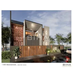 Another perspective of the 140 Residence, highlighting the use of a textured wooden screen to provide a warm, organic contrast to the raw concrete structure.