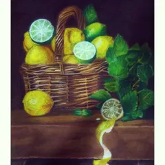 My first realistic artwork using oil pastels, featuring a still life of lemons and mint. I was amazed by the smooth blending capabilities of this medium, which allowed me to create vibrant colors and soft shadows.