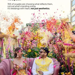 The big shift in weddings: 76% of couples are choosing what reflects them, not just what's trending online. It's about celebrations with heart, not just aesthetics. This joyful, color-drenched Haldi is a perfect example of a wedding full of personality.