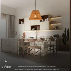A natural wicker pendant light brings warmth and texture to this modern kitchen. It provides focused light over the island, perfectly complementing the space's organic and minimalist aesthetic.