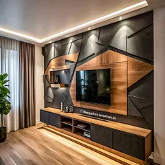 I designed this full-wall TV unit to be a statement piece. It features a mix of wood and geometric dark panels, with integrated backlighting to create a dramatic and modern focal point in the living room.