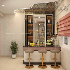 Another view of the bespoke bar unit, highlighting the unique textured ceiling and rose gold light fixture. Every detail is tailored to create a one-of-a-kind space.