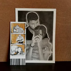 Here’s a great example of a combined custom order. I created a detailed graphite and charcoal portrait alongside one of my signature coffee-painted photo strips. It shows how we can mix different art styles to create a truly complete and personal gift package.