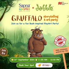 The official poster for our Gruffalo Storytelling & Art Party! This book-inspired event for ages 3+ comes with free goodies and is always a sell-out.