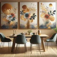 The right art can complete your dining area. This elegant three-piece floral set adds a touch of sophistication and warmth, creating a beautiful atmosphere for meals and gatherings. We can help you select or commission pieces that match your decor.