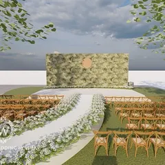A 3D render of an elegant outdoor reception. This visual preview helps our clients see exactly how the aisle, seating, and stage will look, ensuring every detail is perfect.