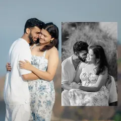 A beautiful mix of color and black and white portraits from a Goa beach shoot, highlighting the couple's intimate connection against a serene backdrop.