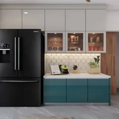 This render visualizes a compact kitchen and dining setup. The design features a two-tone cabinet system and a built-in look for the refrigerator, ensuring a cohesive and well-utilized space.