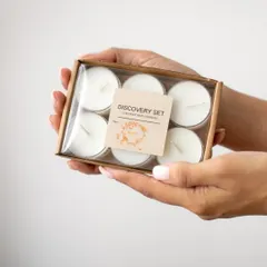 Our Discovery Set is the perfect way to sample our most loved fragrances. It includes 8 handcrafted coconut wax tealights in a sleek kraft box for just ₹120.