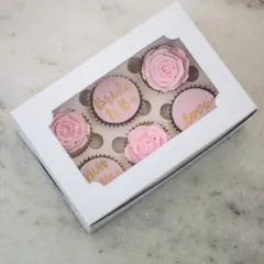 Here is the full "Bride to Be" cupcake set, packaged in a window box that makes for a beautiful gift presentation. These custom cupcake boxes are perfect for gifting at bachelorette parties or as a treat for the bride.