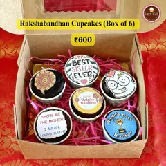 A box of six Rakshabandhan-themed cupcakes with fun, edible toppers like "Best Sister Ever" and "World's Best Brother," adding a personal touch to your gift.