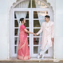This shot looks like it's straight out of a magazine. The couple's outfits and my draping work together to create a picture of regal charm.