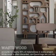 Waste wood accounts for nearly 35% of material loss in projects. This image of a sculptural bookshelf made from offcuts asks the question: is it truly waste, or untapped potential?