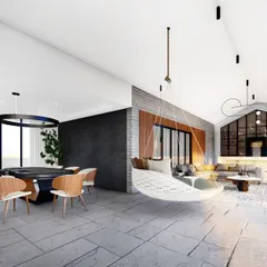 A wider view of the penthouse lounge concept, showing the dedicated poker table area. The design creates distinct zones for different activities while maintaining a cohesive, modern aesthetic with clean lines and natural materials.